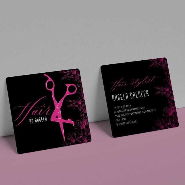 Elegant Floral Black & Pink Hair Salon Beauty Quadratische Visitenkarte (Von Creator hochgeladen)