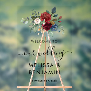 Elegant Floral Bloom Burgundy Script Wedding Acrylschild