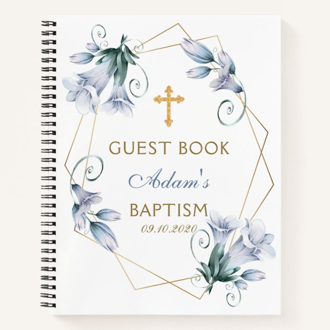 Elegant Floral Blue Boy Baptism Gästebuch Notizbuch (Vorderseite)