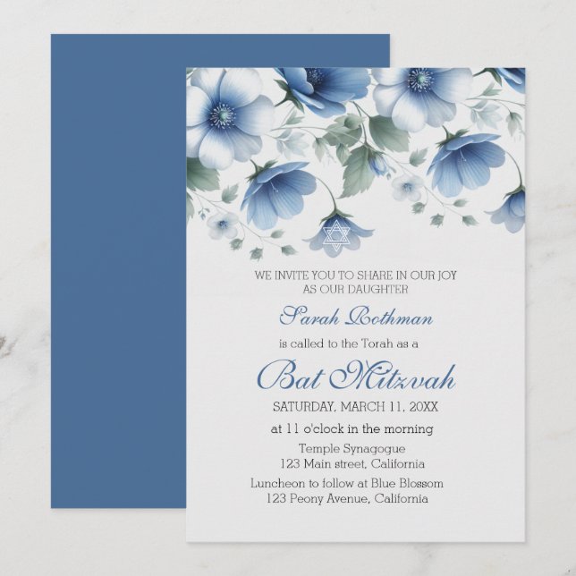 Elegant Floral Blue Girl Bat Mitzvah Einladung (Vorne/Hinten)