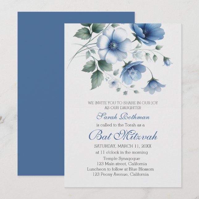Elegant Floral Blue Girl Bat Mitzvah Einladung (Vorne/Hinten)