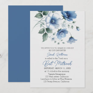 Elegant Floral Blue Girl Bat Mitzvah Einladung