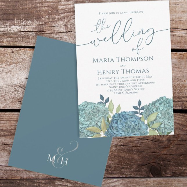 Elegant Floral Blue Hydrangea Foliage Calligraphy Einladung (Von Creator hochgeladen)