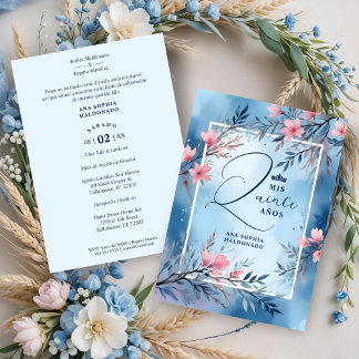 Elegant Floral Blue & Pink Romantic Frame XV's Einladung