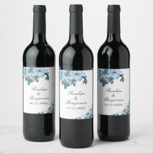 Elegant Floral Blue Wedding Vielen Dank Weinetikett