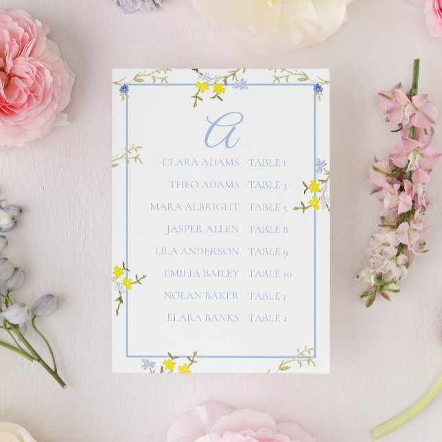 Elegant Floral Blue & Yellow Wedding Seating Card Tischnummer (Von Creator hochgeladen)