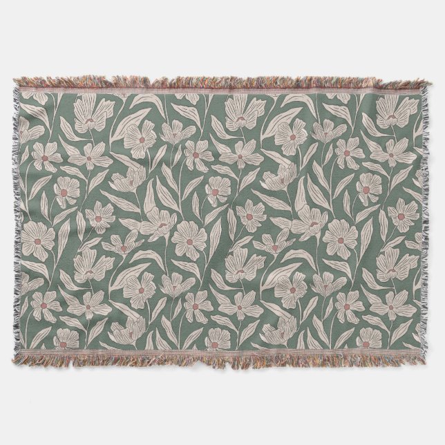 Elegant Floral Boho Pink & Dark Green Botanical Decke (Vorderseite)