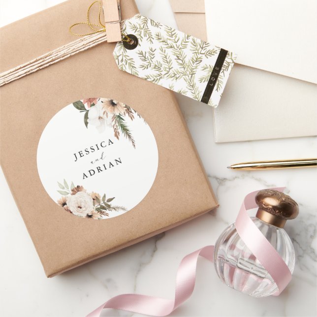 Elegant Floral Boho Wedding Runder Aufkleber (Schenken)