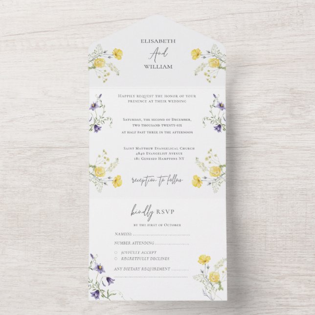 Elegant Floral Boho Wildblumen Wedding RSVP All In One Einladung (Innen Boden)
