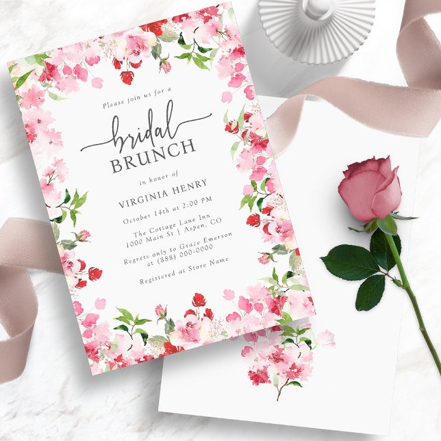 Elegant Floral Bridal Brunch Einladung (Elegant Red and Pink Bridal Brunch Invitation - Watercolor Red and Pink Floral)