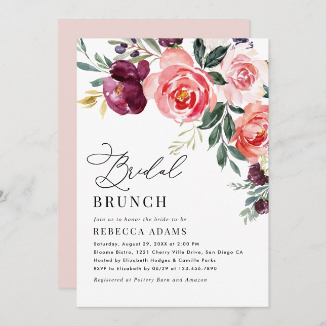 Elegant Floral Bridal Brunch Einladung (Vorne/Hinten)