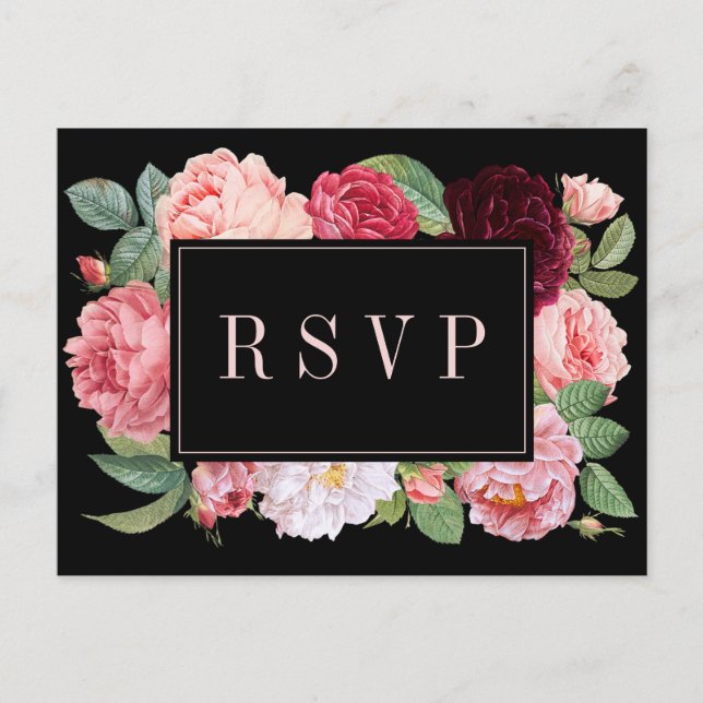 Elegant floral Burgundy Black Wedding RSVP Postkarte (Vorderseite)