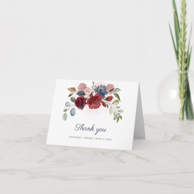 Elegant Floral Burgundy Eucalyptus Wedding Dankeskarte (Vorderseite)