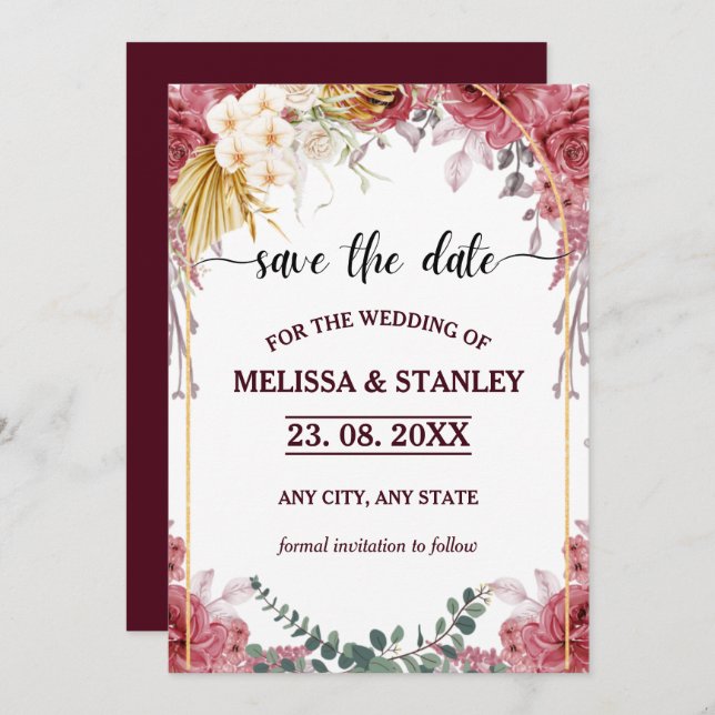 Elegant Floral Burgundy Gold Eukalyptus Wedding Save The Date (Vorne/Hinten)