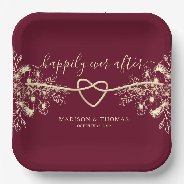 Elegant Floral Burgundy Wedding Pappteller (Vorderseite)