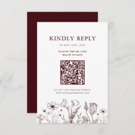 Elegant Floral Burgundy Wedding QR Code RSVP Karte