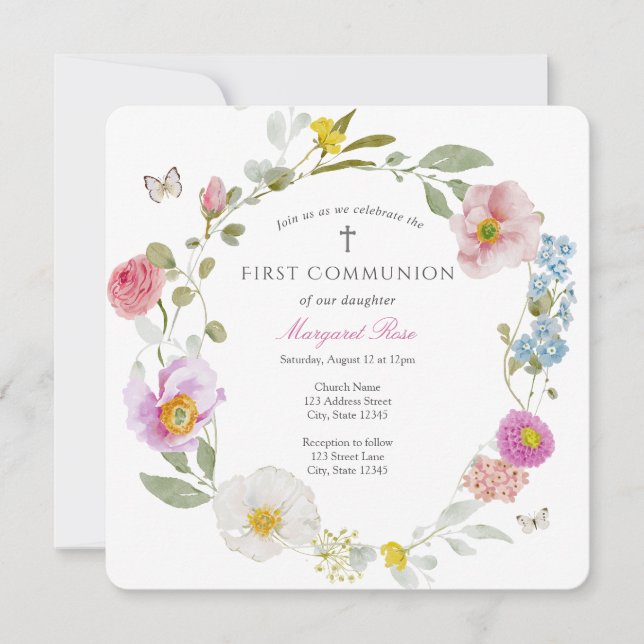Elegant Floral Butterfly Communion Invitation Einladung (Vorderseite)