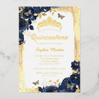 Elegant Floral Butterfly Gold Navy Quinceanera Folieneinladung