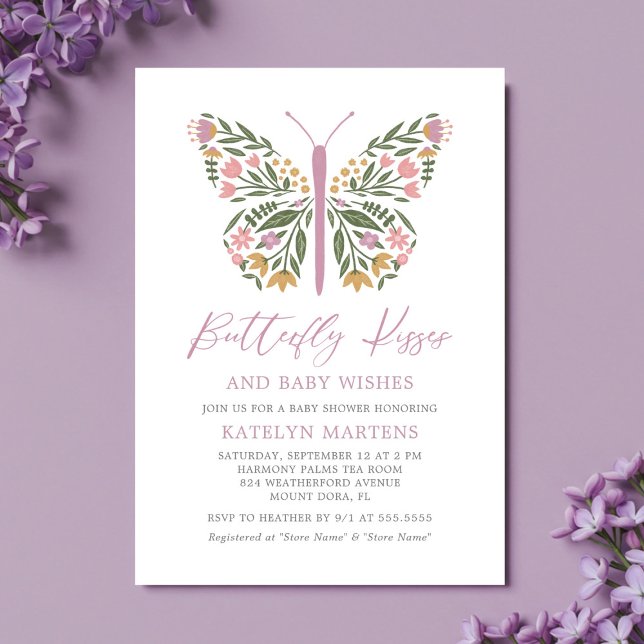 Elegant Floral Butterfly Kisses Baby Shower Einladung (Von Creator hochgeladen)