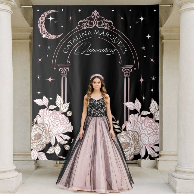 Elegant floral Celestial Moon Stars Quinceañera Wandteppich (Elegant Floral Celestial Moon Stars Quinceañera Tapestry)