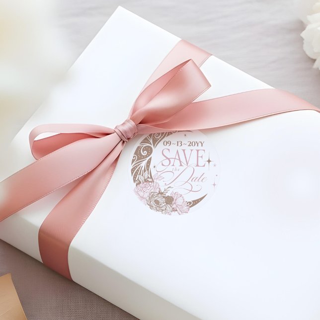 Elegant Floral Celestial Moon Stars Save The Date Runder Aufkleber (Elegant Floral Celestial Moon Stars Save The Date Classic Round Sticker)