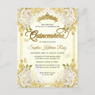 Elegant Floral Champagne Gold Tiara Quinceañera Postkarte