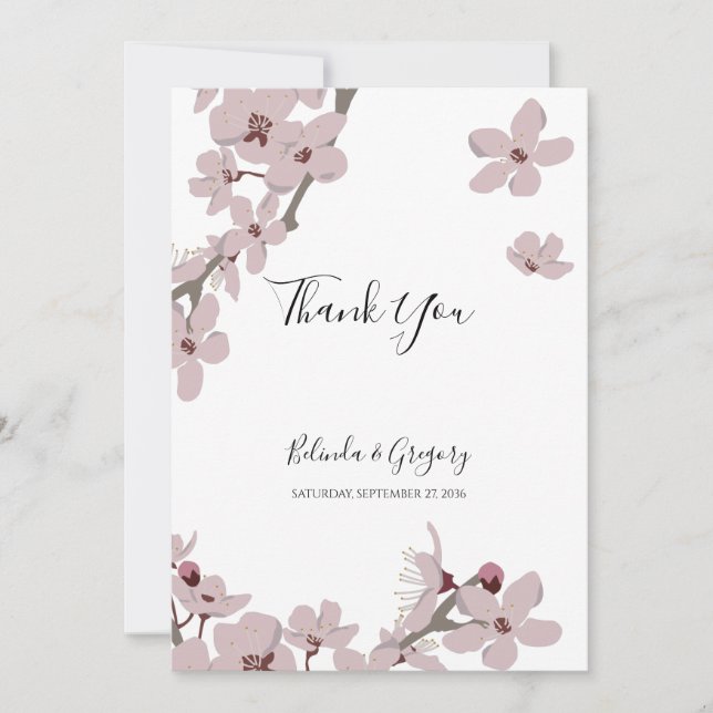 Elegant Floral Cherry Blossom Hochzeit Dankeskarte (Vorderseite)