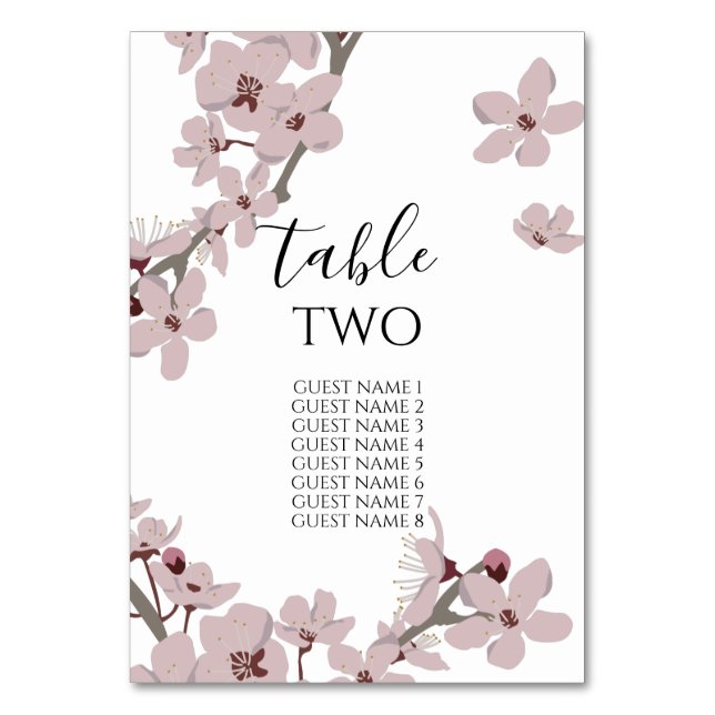 Elegant Floral Cherry Blossom Wedding Guest Names Tischnummer (Vorderseite)