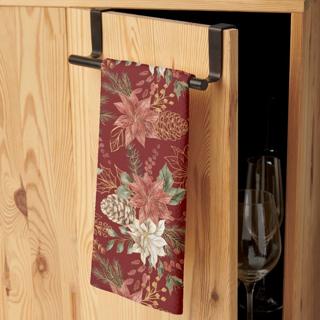 Elegant Floral Christmas Poinsettia Dark Red Geschirrtuch (Von Creator hochgeladen)