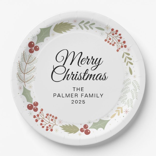 Elegant Floral Christmas Wreath Family Custom Name Pappteller (Vorderseite)