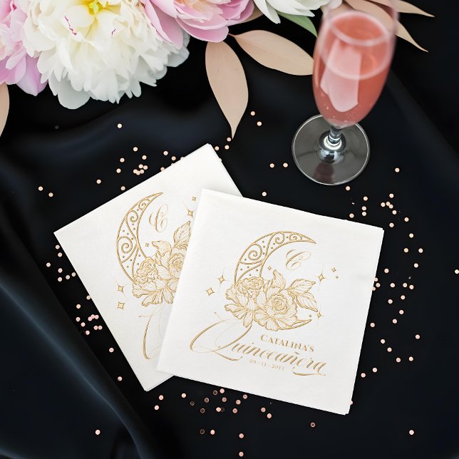 Elegant floral Crescent Moon Monogram Quinceanera Servietten Mit Folie (Elegant Floral Crescent Moon Monogram Quinceanera Foil Napkins)