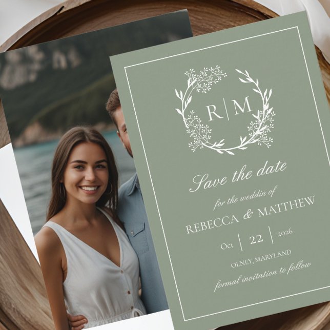 Elegant Floral Crest Monogram Photo Einladung (Elegant Floral Crest Monogram Photo Save the Date)