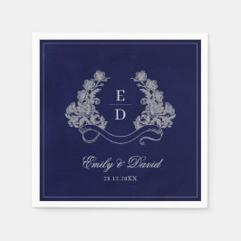 Elegant Floral Crest Navy Monogram Paper Napkin Serviette