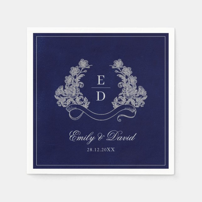 Elegant Floral Crest Navy Monogram Paper Napkin Serviette (Vorderseite)