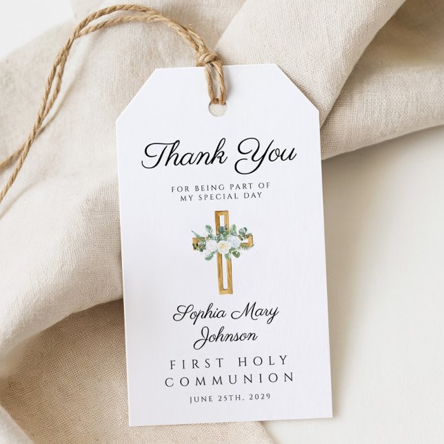 Elegant Floral Cross Erste Kommunion Vielen Dank Geschenkanhänger (Elegant Floral Cross First Communion Thank You Gift Tags)