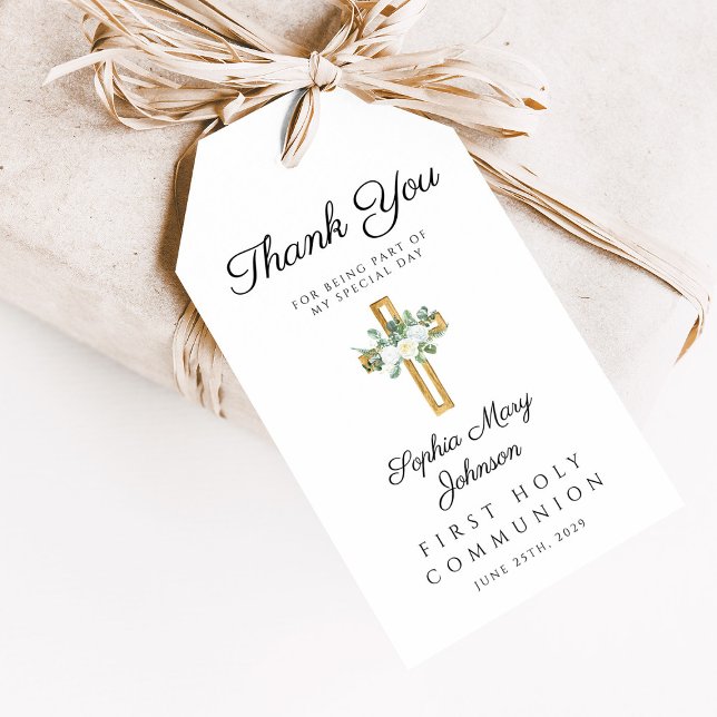 Elegant Floral Cross Erste Kommunion Vielen Dank Geschenkanhänger (Elegant Floral Cross First Communion Thank You Gift Tags)