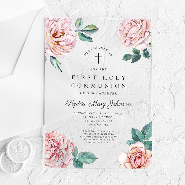 Elegant Floral Cross Girl First Communion Acryleinladungen (Elegant Floral Cross Girl First Communion Acrylic Invitations)