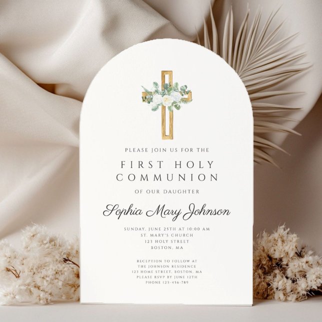 Elegant Floral Cross Girl First Holy Communion Einladung (Elegant Floral Cross Girl First Holy Communion Invitation)