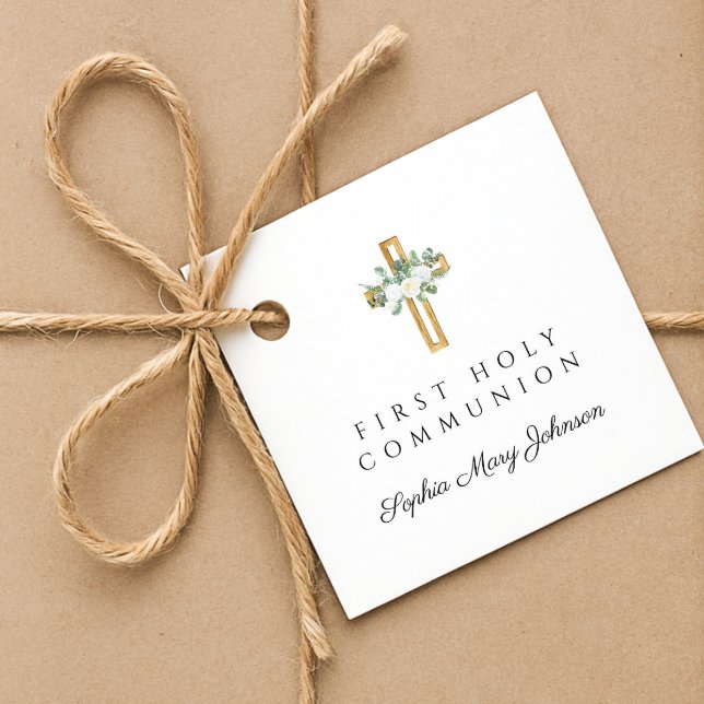 Elegant Floral Cross Girl First Holy Communion Geschenkanhänger (Elegant Floral Cross Girl First Holy Communion Favor Tags)