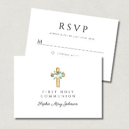 Elegant Floral Cross Girl First Holy Communion RSVP Karte