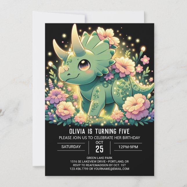 Elegant Floral Dinosaur Digitaler Geburtstag Einladung (Vorderseite)