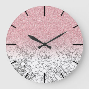 Elegant Floral Doodles Pink Gradient Glitter Image Große Wanduhr