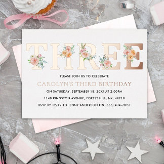 Elegant Floral DREE 3. Geburtstag Real Folieneinladung