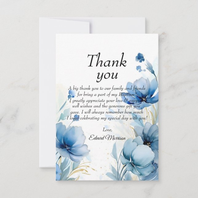 Elegant floral Dusty Blue Baptisse Dankeskarte (Vorderseite)