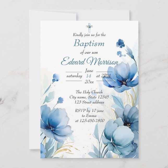 Elegant floral Dusty Blue Baptisse Einladung (Vorderseite)