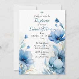 Elegant floral Dusty Blue Baptisse Einladung
