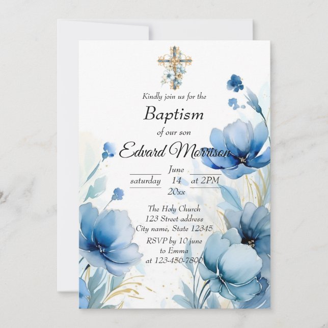 Elegant floral Dusty Blue Baptisse Einladung (Vorderseite)