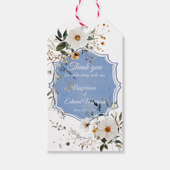 Elegant floral Dusty Blue Baptisse Geschenkanhänger (Vorderseite)