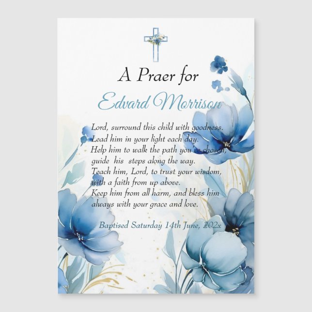 Elegant floral Dusty Blue Baptisse Magnetkarte (Vorderseite)