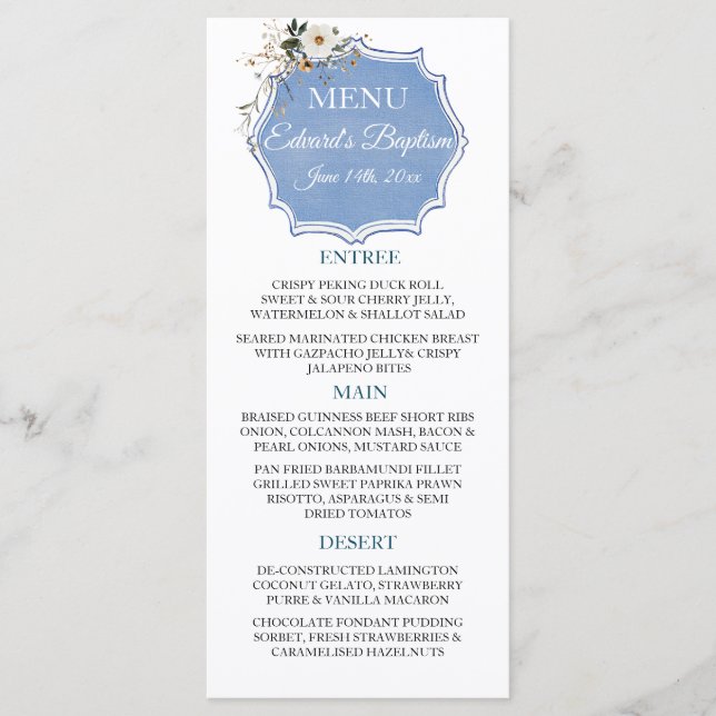 Elegant floral Dusty Blue Baptisse Menükarte (Vorderseite)